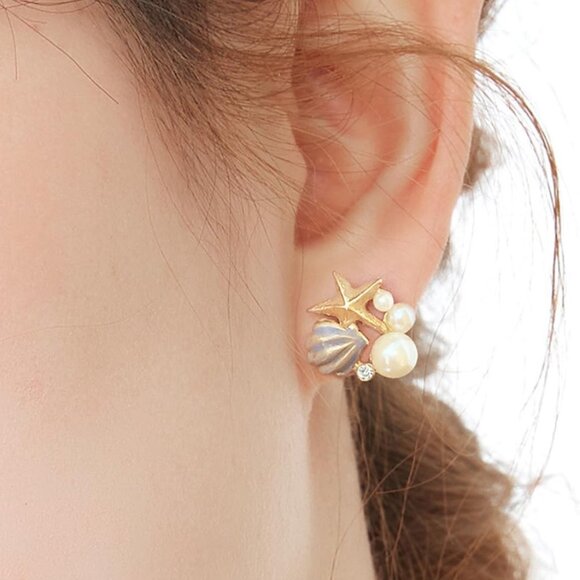 Blue Pearl Starfish Earrings with Rhinestones for Women, Ocean Beach Summer Jewe - Picture 4 of 4